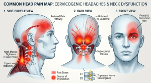 Pain patterns from cervicogenic headaches.